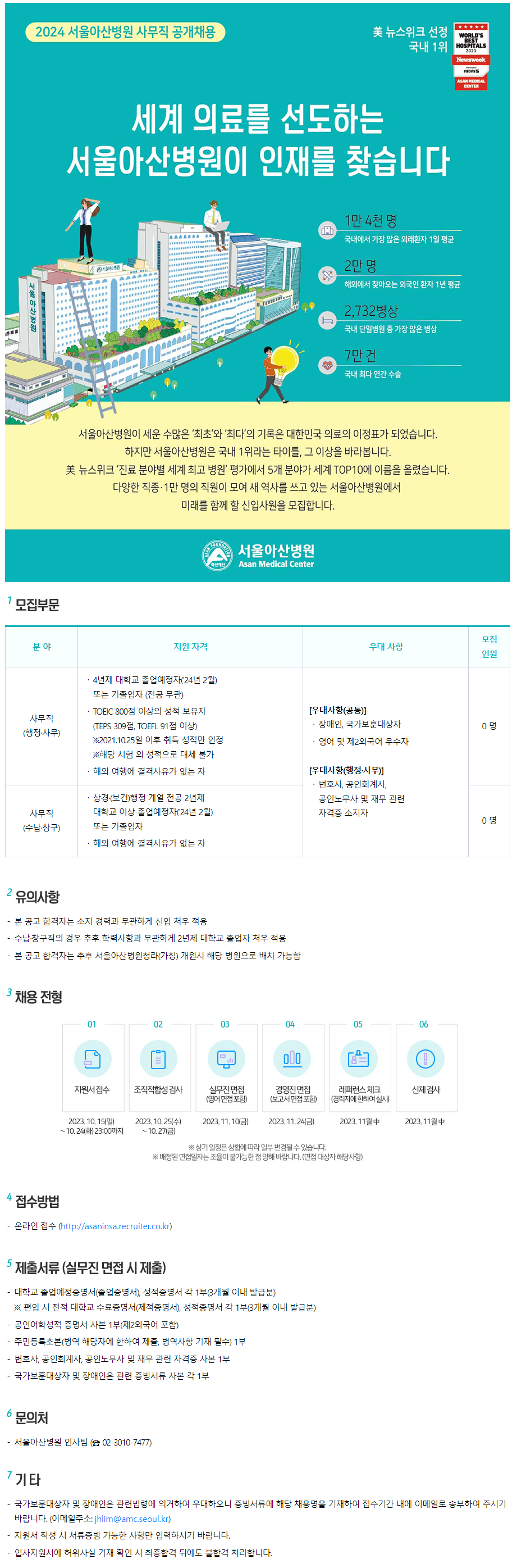 [서울아산병원] 2024년 신입 사무직 공개채용